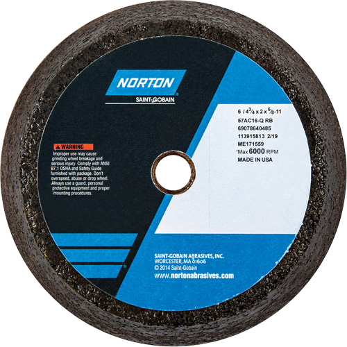 Gemini® Non-Reinforced Portable Snagging Wheel, Diameter, 6", Thickness, 2", Arbor Size, 5/8", Grit, 16, Grade, 57AC, Back Thickness, 3/4"