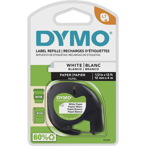Labels for LetraTag Plus LT100-H, Tape Width, 12 mm, Colour, Black on White, Tape Length, 13', Type of Labels, 1/2" Paper