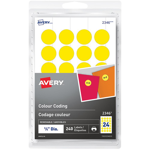 Identification and Coding Labels, Style, Round, Colour, Yellow, Width, 3/4", Length, 3/4", Qty/Pkg., 240, Sold/Priced Per, Package
