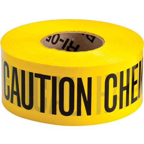 Barricade Tape, Thickness, 3 mils, Length, 200', Width, 3", Colour, Black on Yellow, Legend, Caution Chemical Hazard
