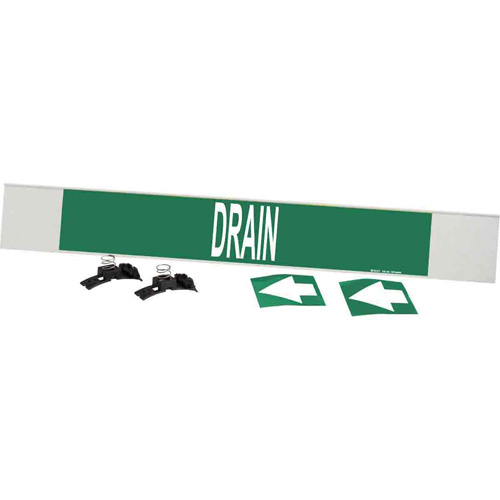 "Drain" Pipe Marker, Material, Plastic, Colour, White on Green, Pipe Diameter, 8" - 20", Label Height, 4"