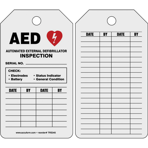Automatic External Defibrillator Inspection Status Safety Tag, Material, Paper, Height, 5-3/4", Width, 3-1/4", Display Type, Hanging, Hole Size, 3/8"
