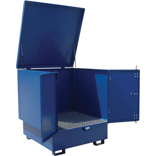 Outdoor Steel Spill Containment Shelters, Length, 47", Width, 47", Height, 40", Spill Capacity, None, No. of Drums, 4, Material, 16 gauge galvanized steel