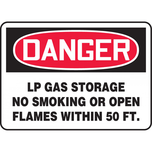 "LP Gas Storage" Sign, Material, Plastic, Height, 10", Width, 14", Display Type, Bolt-On, Legend, Danger, LP Gas Storage No Smoking or Open Flames Within 50Ft.