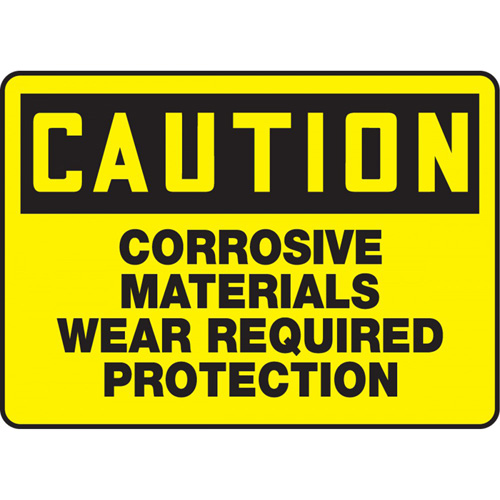 "Corrosive Materials" Sign, Material, Vinyl, Height, 10", Width, 14", Display Type, Adhesive, Legend, Caution; Corrosive Materials Wear Required Protection
