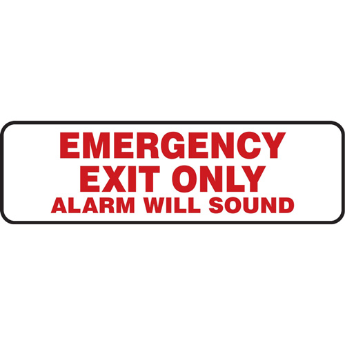 "Emergency Exit Only" Sign, Material, Vinyl, Height, 3", Width, 10", Display Type, Adhesive, Legend, Emergency Exit Only Alarm Will Sound
