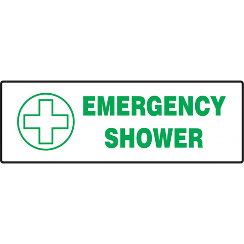 "Emergency Shower" Sign, Material, Plastic, Height, 5", Width, 14", Display Type, Bolt-On, Legend, Emergency Shower w/Pictogram