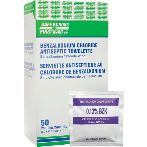 Benzalkonium Chloride Wipes, Type, Towelette, Purpose, Antiseptic, Medical Device Class, Non-Medical, Qty/Box, 50, Sold/Priced Per, Box