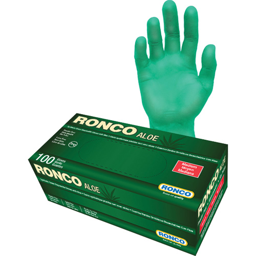 Disposable Gloves with Aloe, Size, Medium, Material, Vinyl, Length, 9.5", Thickness, 5-mil