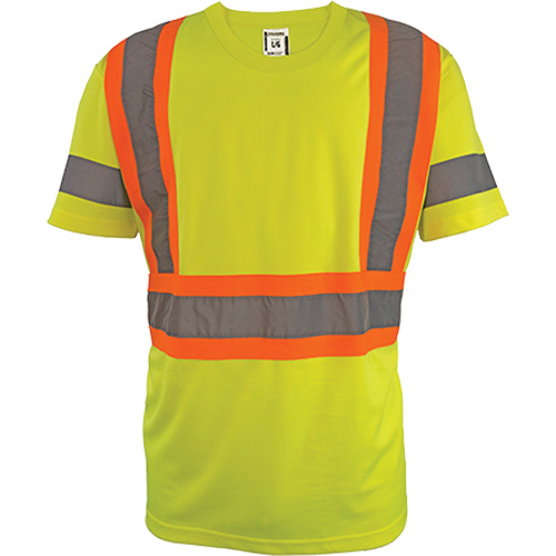Short Sleeve Safety T-Shirt, Background Colour, High Visibility Lime-Yellow, Reflective Stripe Colour, Silver/Orange, Size, 2X-Large, Material, Polyester