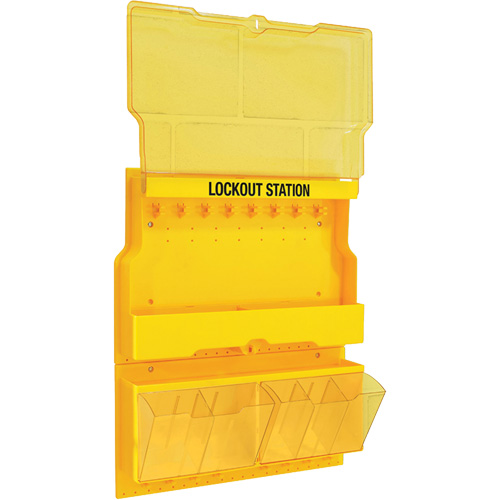 Deluxe Lockout Station with Cover and Trilingual Labels, Padlocks Included, Not Included, Type of Padlocks Included, None, Padlock Capacity, 32, Lockout Tag Capacity, 150, Height, 27"