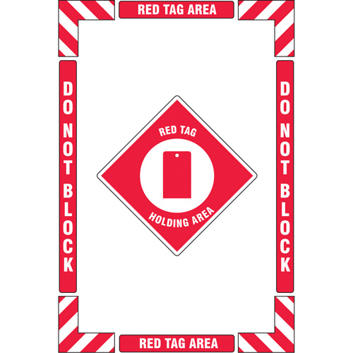"Red Tag Holding Area" Floor Marking Kit, Height, Flat, Language, English with Pictogram, Material, Vinyl, Display Type, Adhesive, Size, 16" X 24", Legend, "Red Tag Holding Area Keep Clear Do Not Block"