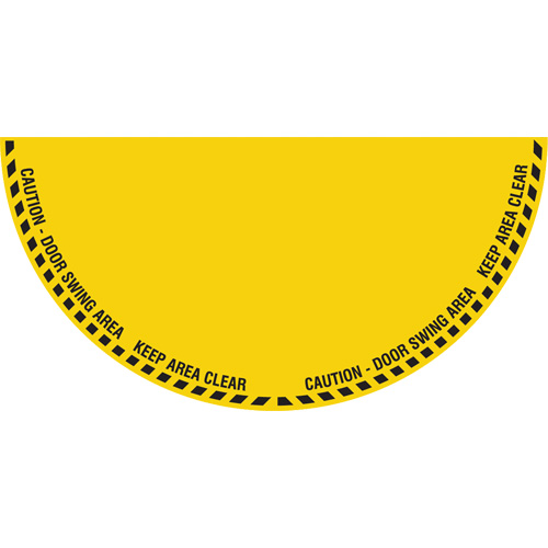 "Caution" Half Circle Swing Door Floor Sign, Height, Flat, Language, English with Pictogram, Material, Vinyl, Display Type, Adhesive, Size, 28" x 56", Legend, "Caution Door Swing Area Keep Area Clear"