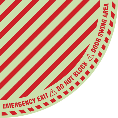 "Emergency Exit" Quarter Circle Swing Door Floor Sign, Height, Flat, Language, English with Pictogram, Material, Vinyl, Display Type, Adhesive, Size, 28" x 28", Legend, "Emergency Exit Do Not Block Door Swing Area"