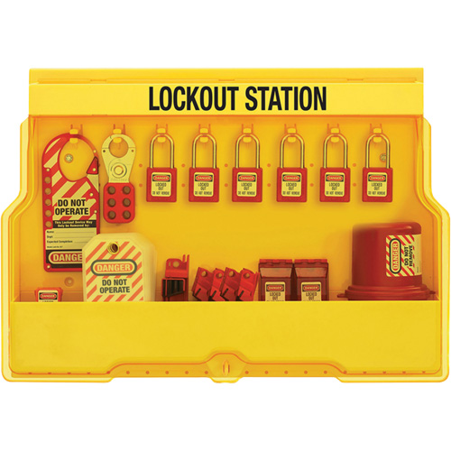 Premier Electrical Lockout Station, Padlocks Included, Included, Type of Padlocks Included, Thermoplastic, Padlock Capacity, 16, Usage Rating, Severe Use, Width, 23.5"