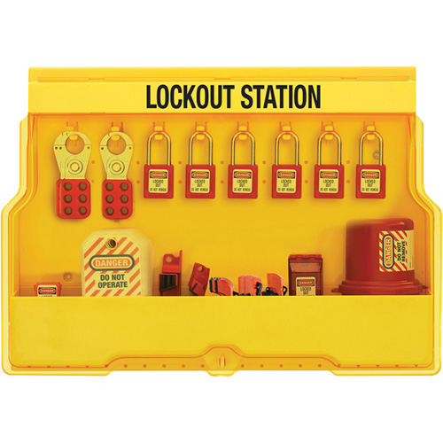 Premier Electrical Lockout Station, Padlocks Included, Included, Type of Padlocks Included, Thermoplastic, Padlock Capacity, 16, Usage Rating, Severe Use, Width, 23.5"