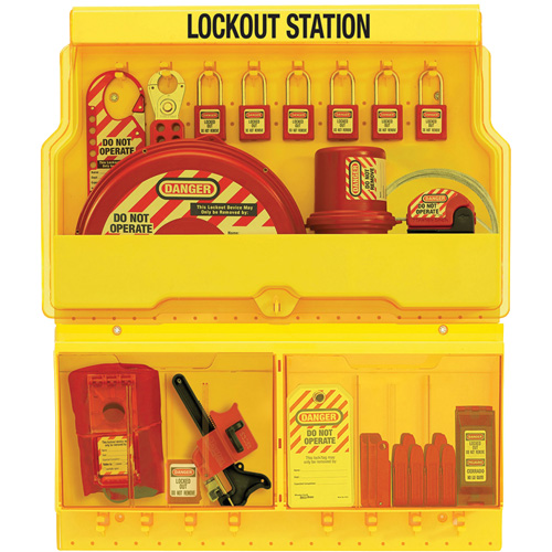 Standard Valve & Electrical Deluxe Lockout Station, Padlocks Included, Included, Type of Padlocks Included, Thermoplastic, Padlock Capacity, 32, Usage Rating, Severe Use, Width, 23.5"