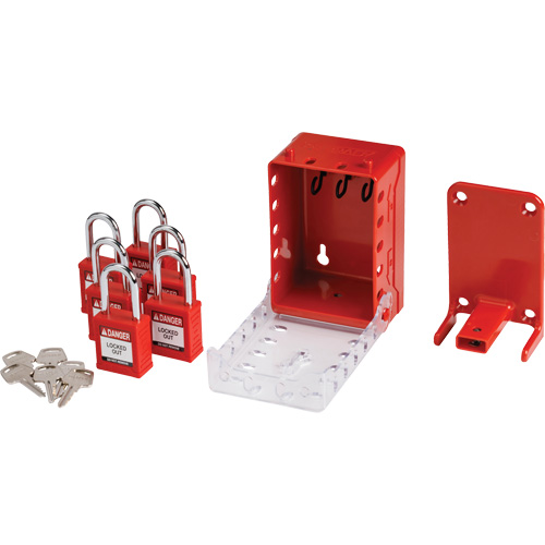 Ultra Compact Group Lockout Box with Nylon Safety Lockout Padlocks, Max. No. of Padlocks, 7, Colour, Red