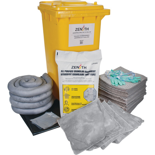 Spill Kit, Spill Type, Universal, Container Type, Bin, Absorption Capacity, 63 US gal., Stationary/Mobile/Portable, Mobile, Includes, 100 Sorbent Pads (15" x 17"); 4 Sorbent Socks (3" x 120"); 4 Sorbent Pillows (18" x 18"); 1 Drain Cover (36" x 36"); 1 All-Purpose Granular Sorbent (25-lb. Bag); 2 Pairs Nitrile Gloves XL (10); 2 Pairs of Safety Goggles (One Size); 3 Disposal Bags (26" x 36"), Manufacturer's Warranty, 1 Year Limited