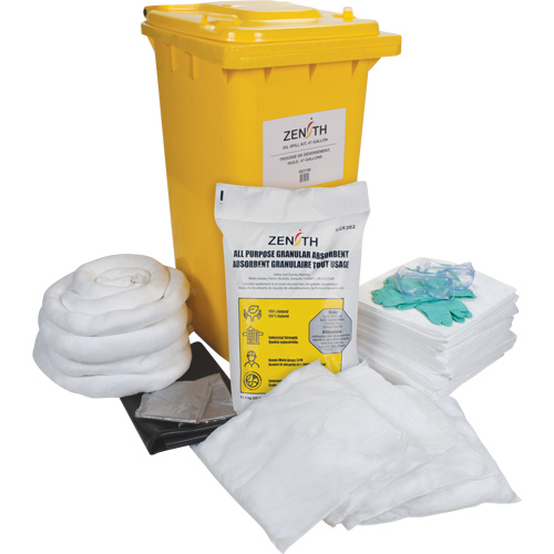 Spill Kit, Spill Type, Oil Only, Container Type, Bin, Absorption Capacity, 63 US gal., Stationary/Mobile/Portable, Mobile, Includes, 100 Sorbent Pads (15" x 17"); 4 Sorbent Socks (3" x 120"); 4 Sorbent Pillows (18" x 18"); 1 Drain Cover (36" x 36"); 1 All-Purpose Granular Sorbent (25-lb. Bag); 2 Pairs Nitrile Gloves XL (10); 2 Pairs of Safety Goggles (One Size); 3 Disposal Bags (26" x 36"), Manufacturer's Warranty, 1 Year Limited