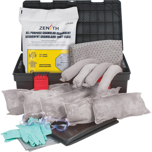 Tool Box Spill Kit, Spill Type, Universal, Container Type, Bin, Absorption Capacity, 31 US gal., Stationary/Mobile/Portable, Stationary, Includes, 25 Sorbent pads (15" x 17"); 4 Sorbent socks (3" x 48'); 5 Sorbent pillows (8" x 18"); 1 All-Purpose Granular Sorbent (25-lb. Bag); 1 Drain cover 36" x 36"; 2 Pairs nitrile gloves XL (10); 2 Pairs safety goggles (one size); 3 Disposal bags (26" x 36"), Manufacturer's Warranty, 1 Year Limited