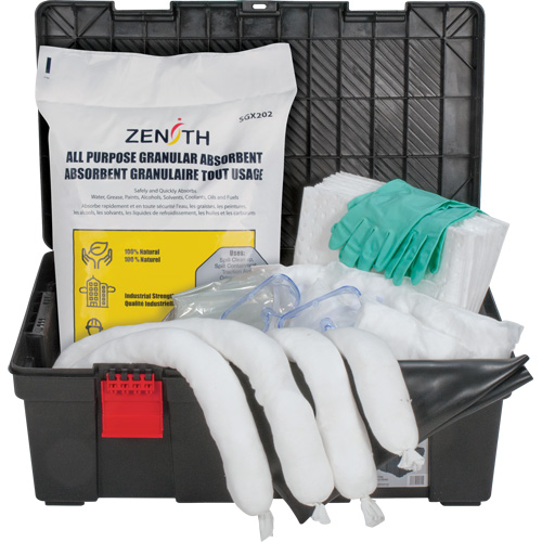 Tool Box Spill Kit, Spill Type, Oil Only, Container Type, Bin, Absorption Capacity, 31 US gal., Stationary/Mobile/Portable, Stationary, Includes, 25 Sorbent pads (15" x 17"); 4 Sorbent socks (3" x 48'); 5 Sorbent pillows (8" x 18"); 1 All-Purpose Granular Sorbent (25-lb. Bag); 1 Drain cover 36" x 36"; 2 Pairs nitrile gloves XL (10); 2 Pairs safety goggles (one size); 3 Disposal bags (26" x 36"), Manufacturer's Warranty, 1 Year Limited
