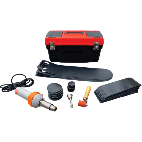 Ultra-Containment Berm? Repair Kit, Includes, (1) Tool Box; (1) Heat Gun- 110 volt; (1) Hand Roller; (4) Replacement handles; (50) each of the following: 2" round patches, 4" round patches, 4" x 12" patches