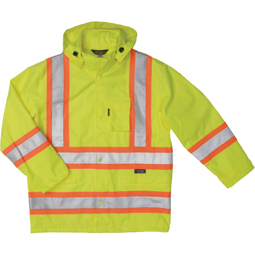 Ripstop Safety Rain Jacket, Colour, High Visibility Lime-Yellow, Reflective Stripe Colour, Silver/Orange, Size, Large, Material, Polyester, Additional Certification(s), ANSI Type R Class 3