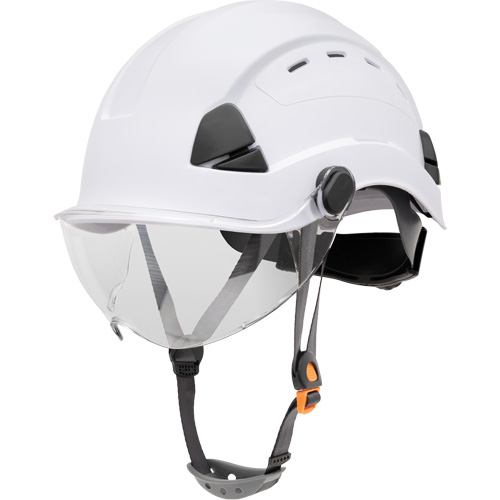 Fibre Metal Safety Helmet, Suspension Type, Ratchet, Colour, White, Venting Type, Non-Vented, Certification(s), ANSI Type I, Material, PC/ABS, Weight, 1 lbs. 5 oz. (590 g) ñ2% (with Visor & Chin Strap)