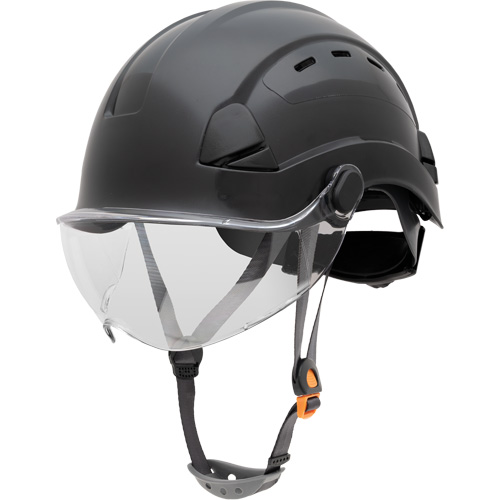 Fibre Metal Safety Helmet, Suspension Type, Ratchet, Colour, Black, Venting Type, Non-Vented, Certification(s), ANSI Type I, Material, PC/ABS, Weight, 1 lbs. 5 oz. (590 g) ñ2% (with Visor & Chin Strap)