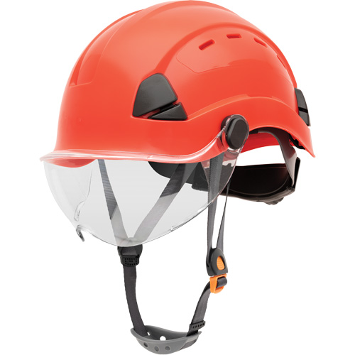 Fibre Metal Safety Helmet, Suspension Type, Ratchet, Colour, Red, Venting Type, Non-Vented, Certification(s), ANSI Type I, Material, PC/ABS, Weight, 1 lbs. 5 oz. (590 g) ñ2% (with Visor & Chin Strap)