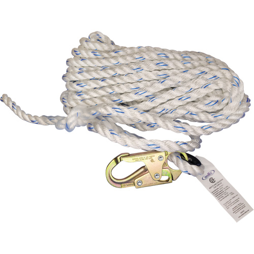 Vertical Life Line with 3/4" Snap Hook & Thimble Eye, Material, Polyester/Polypropylene, Length, 50'
