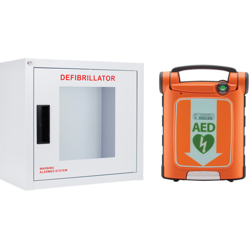 Powerheart? G5 AED & Cabinet Kit, Language, Bilingual, Type, Automatic, Medical Device Class, Class 3, Includes, (1) Powerheart? G5 semi automatic AED in dual language configuration (US English; Canadian French; English default); (1) Set G5 Intellisense? adult defibrillation pads; (1) G5 IntelliSense? battery; (1) Premium carrying case; (1) AED Manager software CD; (1) USB cable; Standard Large AED Cabinet with Alarm, Manufacturer's Warranty, Powerheart? G5 AED - 6 Years