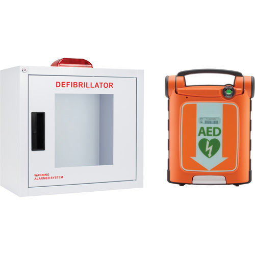 Powerheart? G5 AED & Cabinet Kit, Language, Bilingual, Type, Semi-Automatic, Medical Device Class, Class 3, Includes, (1) Powerheart? G5 semi automatic AED in dual language configuration (US English; Canadian French; English default); (1) Set G5 Intellisense? adult defibrillation pads; (1) G5 IntelliSense? battery; (1) Premium carrying case; (1) AED Manager software CD; (1) USB cable; Standard Large AED Cabinet with Alarm & Strobe, Cabinet Dimensions, 16"L x 14-5/8"H x 8-3/8"D