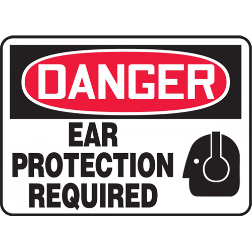 "Ear Protection Required" Sign, Material, Plastic, Height, 14", Width, 10", Display Type, Bolt-On, Legend, Danger; Ear Protection Required w/Pictogram, Durability, 2 years outdoors