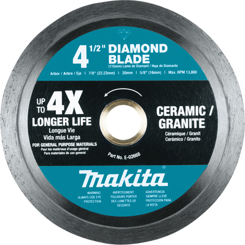 Continuous Rim Diamond Blade, Diameter, 4-1/2", Arbor Hole Size, 7/8"/5/8"