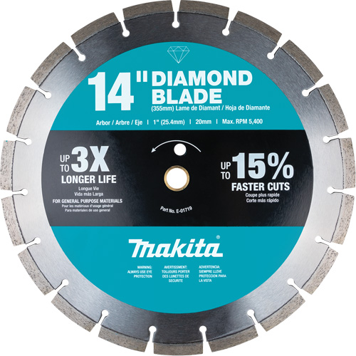 Segmented Rim Diamond Blade, Diameter, 14", Arbor Hole Size, 1"