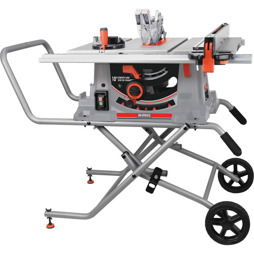 Table Saw with Stand, Blade Diameter, 10", No Load RPM, 4400, Amps, 15 A, Voltage, 110 V, Table Dimensions, 28-3/4" x 39-1/2" x 22-1/4"