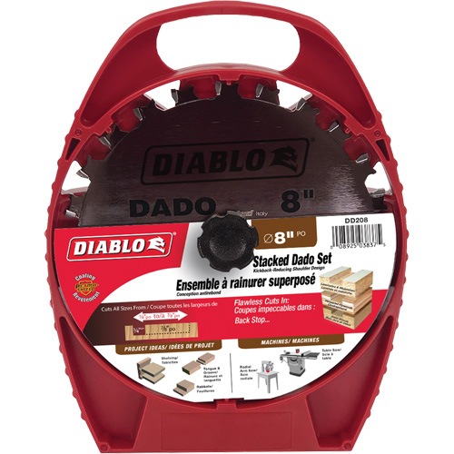 Carbide Stacked Dado Saw Blade Set, Arbor Size, 5/8", Diameter, 8", No. of Teeth, 20, Width Range, 1/4" - 13/16", Hook Angle, -5ø, Max. RPM, 9000