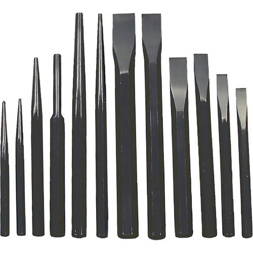 IPC-12 Jumbo Punch & Chisel Set, No. of Pieces, 12, Includes, 3/16" X 6" Centre Punch,  1/2" x 6-3/4", 5/8" x 7", 3/4" x 8", 15/16" x 10", 1" x 10" Cold Chisels; 1/2" x 6" Concrete Chisels; 3/16" x 8" & 1/8" x 6" Pin Punches; 3/8" x 8" & 3/16" x 10" & 3/8" x 10" Taper Punches
