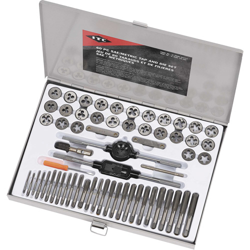 ITD-60C SAE/Metric Alloy Tap & Die Set, No. of Pieces, 60, Includes, (1) Die & Tape of each SAE and Metric; (1) Tap Wrench; (1) Die Stock; (1) T-Handle Tap Wrench; (1) SAE Thread Gauge; (1) Metric Thread Gauge