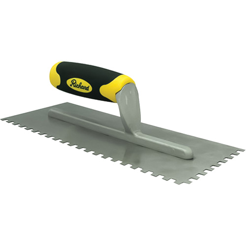 Ergo-Grip Square Notch Adhesive Trowels, Blade Material, Carbon Steel, Handle Material, Rubber, Length, 11", Width, 4-1/2", Notch Size, 1/4" x 1/4" x 1/4"
