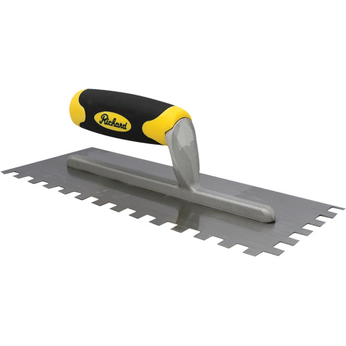 Square Notch Ergo-Grip Adhesive Trowel, Blade Material, Carbon Steel, Handle Material, Ergonomic, Length, 11", Width, 4-1/2"