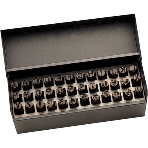 Letter & Number Hand Stamp Set, No. of Pieces, 36, Square Size, 1/2", Character Size, 3/8"