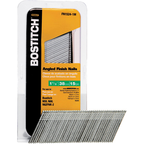 FN Style Angled Finish Nails, Length, 1-1/2", Diameter, 15 Gauge, Finish, Galvanized, Point Type, Chisel, Material, Steel