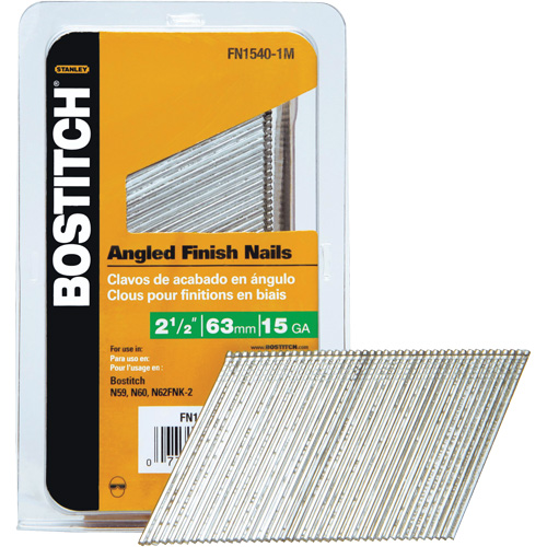FN Style Angled Finish Nails, Length, 2-1/2", Diameter, 15 Gauge, Finish, Galvanized, Point Type, Chisel, Sold/Priced Per, Package