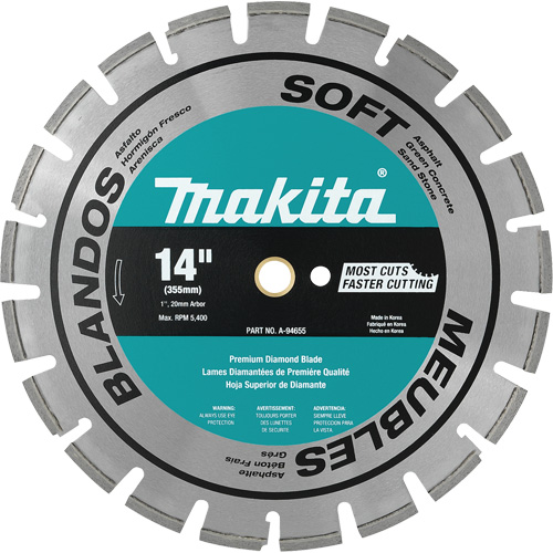 Soft Material Segmented Diamond Blade, Diameter, 14", Arbor Hole Size, 1"