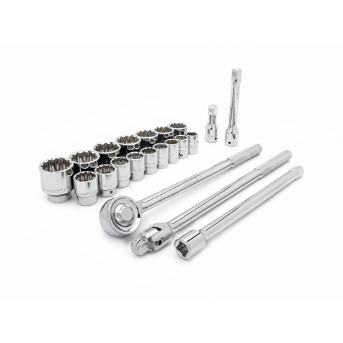 12 Point SAE Sockets Mechanics Tool Set, Drive Size, 3/4", Type, Hand/Standard, Length, Standard, No. of Pieces, 21, Finish, Chrome, Manufacturer's Warranty, Full Lifetime
