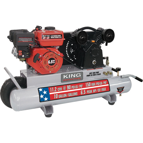 Wheelbarrow Air Compressor, Horse Power, 6.5 HP, CFM, 14.1 at 40 PSI, Electric/Gas, Gas, Tank Capacity, 10 Gal. (12 US Gal)