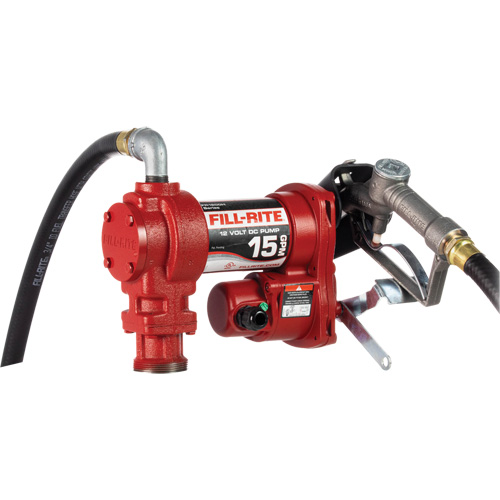 Heavy-Duty Fuel Transfer Pump with Manual Nozzle, Flow Rate, 15 GPM, Inlet, 1" NPTF, Amperage, 20 A, Hose Length, 18', Voltage, 12V DC, Watts, 240